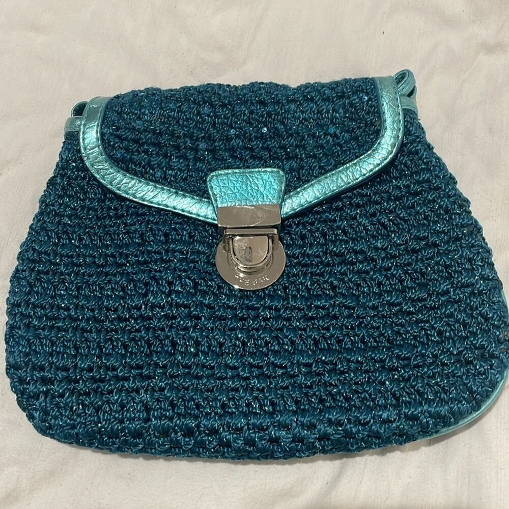 The Sak teal metallic woven small purse metallic strap silver tone clasp nwot